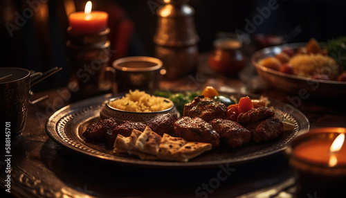 Grilled beef steak on rustic wooden plate generated by AI