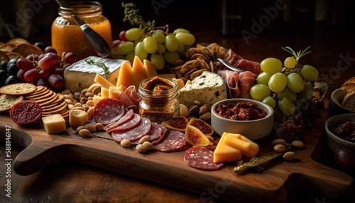 Rustic table showcases gourmet meat and cheese variations generated by AI
