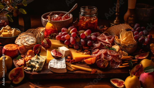 Variety of gourmet meats  cheeses  and fruit generated by AI