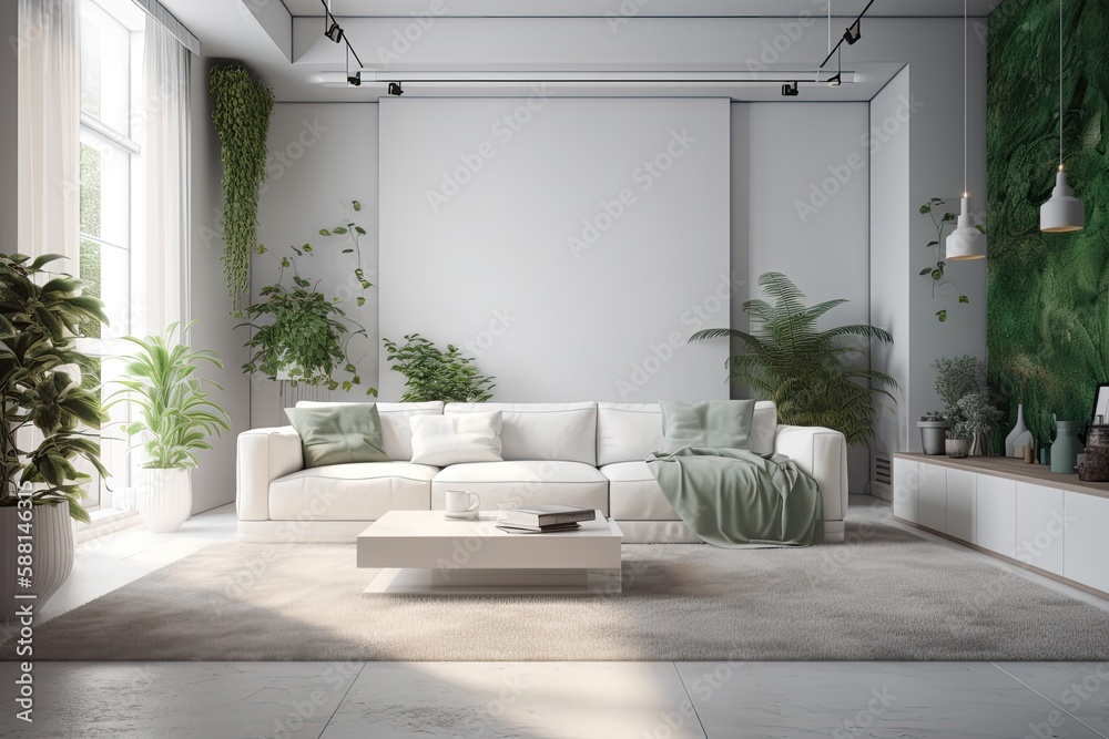 modern living room with a white couch and indoor plants. Generative AI modern living room with a white couch and indoor plants. Generative AI