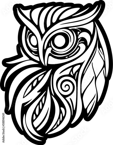 ﻿Black and white owl tattoo w/ Polynesian patterns.