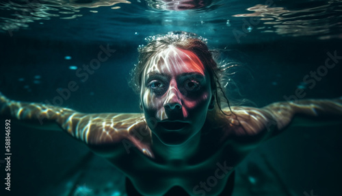 One woman diving into deep underwater adventure generated by AI