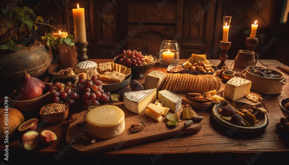 Rustic still life of gourmet cheese and wine generated by AI