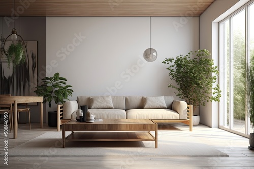 cozy living room with natural elements. Generative AI