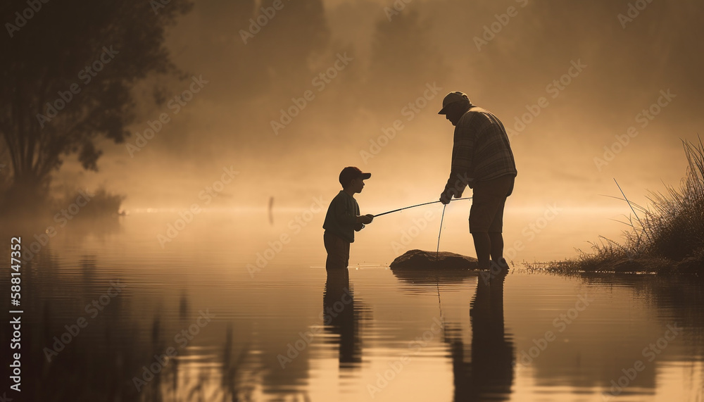 Fishing father and son bond at dusk generated by AI