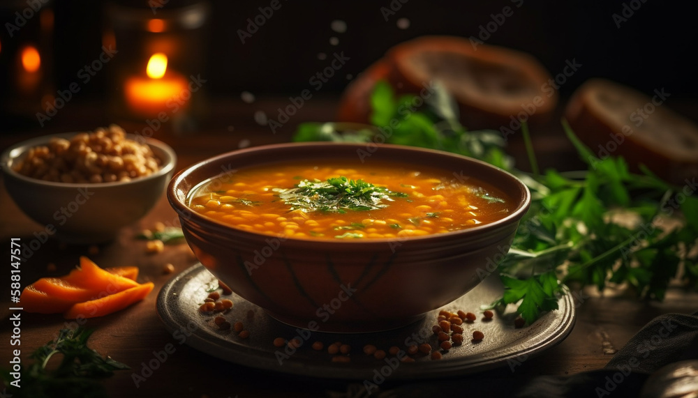 Fresh pumpkin soup with cream and herbs generated by AI Fresh pumpkin soup with cream and herbs generated by AI