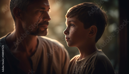 Father and son embrace under sunset sky generated by AI