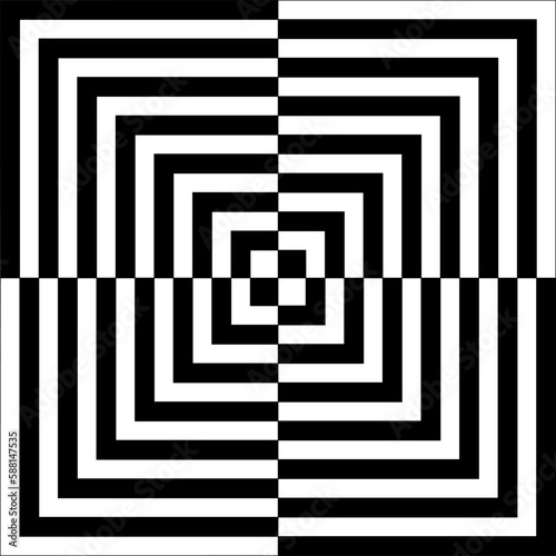 Optical illusion with black and white squares. Quadrangle shapes pattern with hypnosis delusion effect. Dynamic texture. Vector graphic illustration