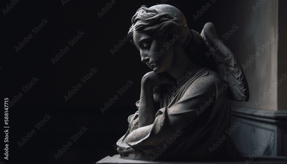 Sad mourner prays before marble tombstone statue generated by AI