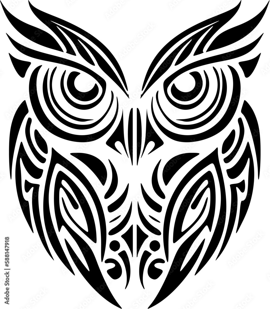 ﻿Tattoo of black and white owl adorned with Polynesian designs.