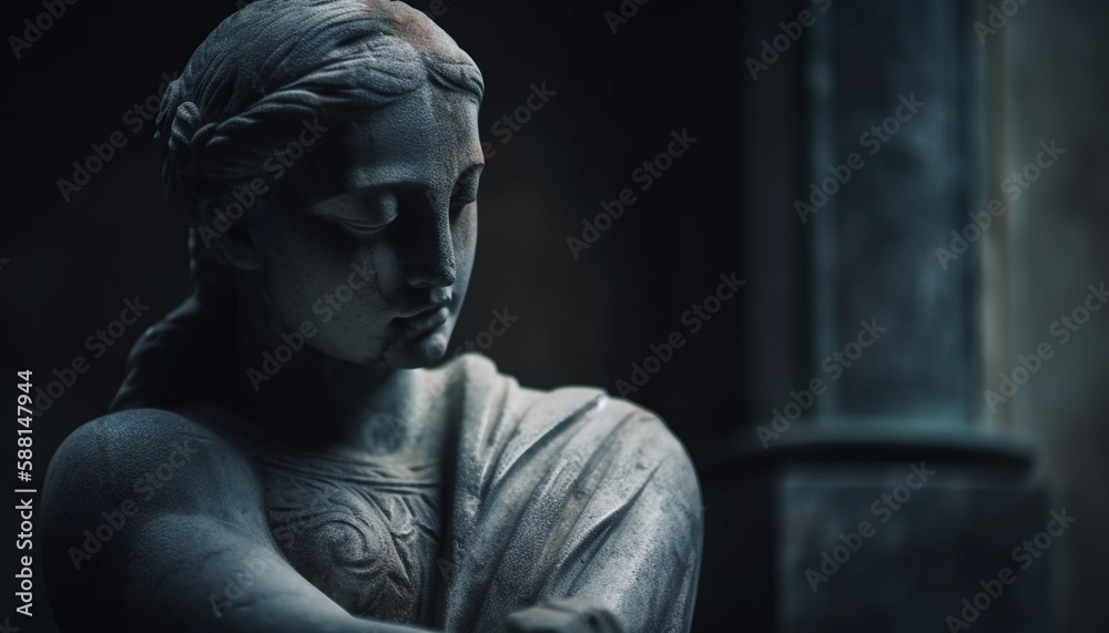 Grief and sadness on old tombstone statue generated by AI Grief and sadness on old tombstone statue generated by AI