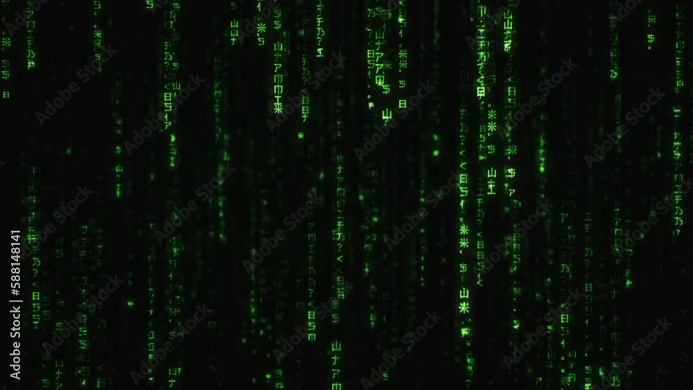 Matrix Code Falling Green Letters.