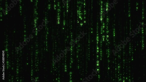 Matrix Code Falling Green Letters.
