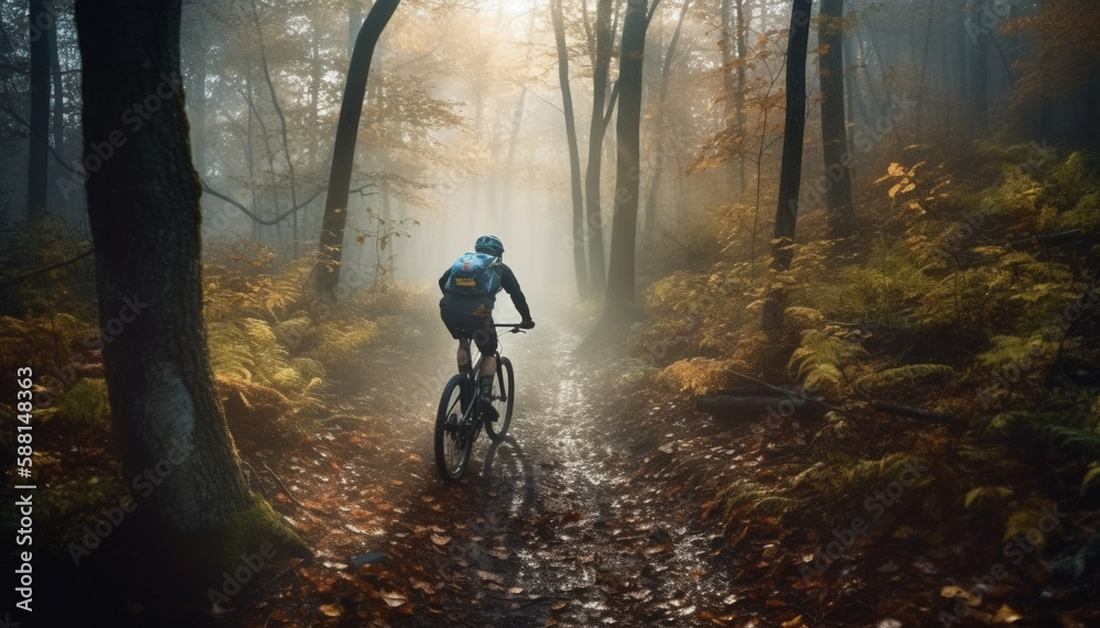 Cycling through foggy forest, athlete healthy pursuit generated by AI