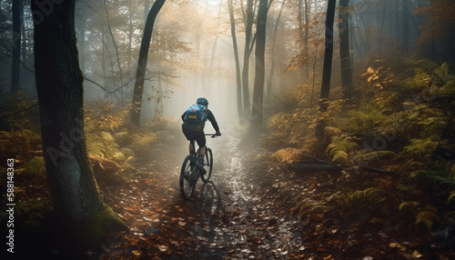 Cycling through foggy forest, athlete healthy pursuit generated by AI © Jeronimo Ramos