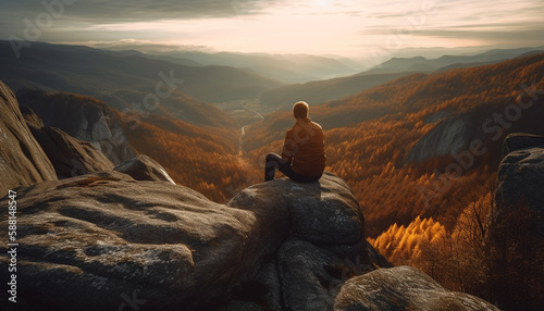 One person meditating on mountain peak at dawn generated by AI