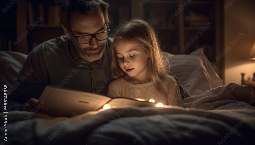 Father reads a bedtime story to daughter generated by AI