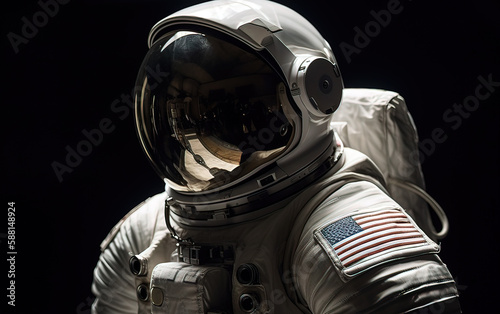 The astronaut is encased in a bulky white space suit in outer space outside the spaceship 