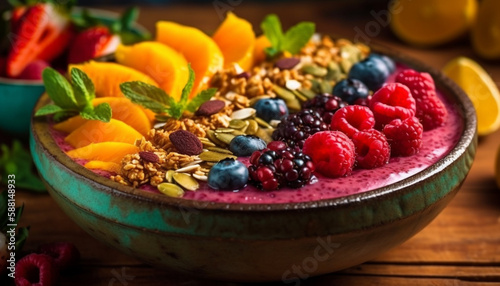Organic berries  yogurt  and granola breakfast parfait generated by AI