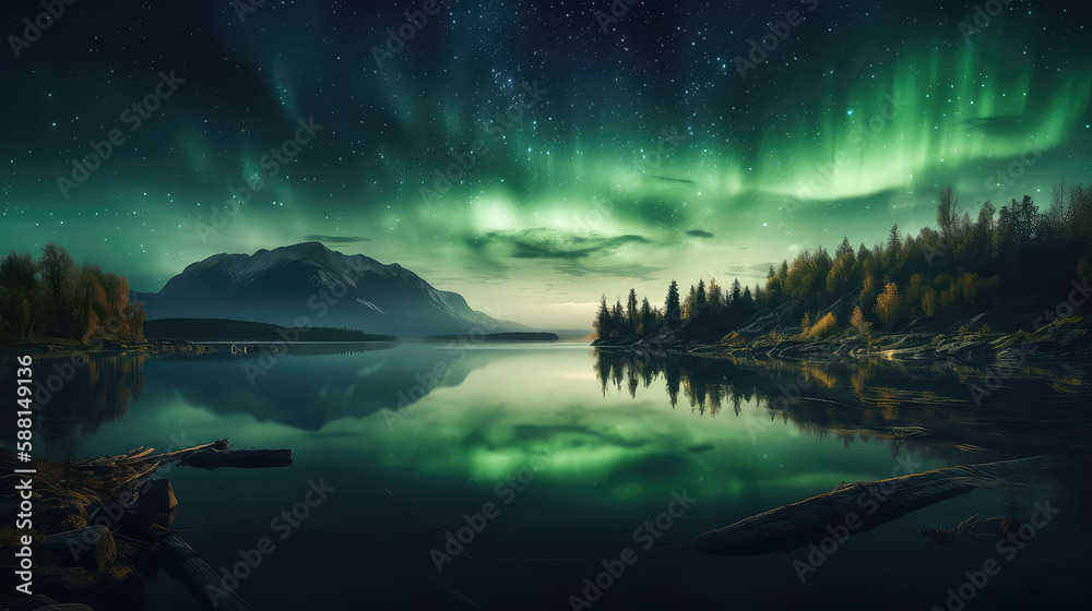 Northern lights over a calm lake with green auroras and stars
