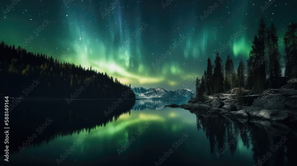 Northern lights over a calm lake - green auroras and stars