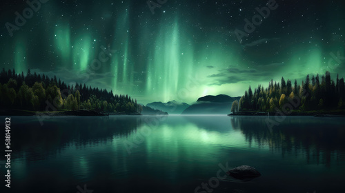 Northern Lights over a Calm Lake with Green Auroras and Stars