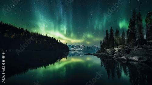 Northern lights over a calm lake - green auroras and stars © Oliver