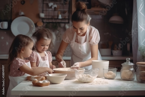 A mother baking with children in bright kitchen created with generative AI technology.
