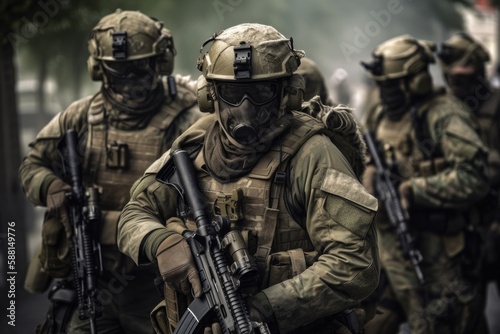 Soldiers in action. These soldiers are heavily armed and equipped, wearing full military gear and carrying weapons such as rifles and grenades Generative AI