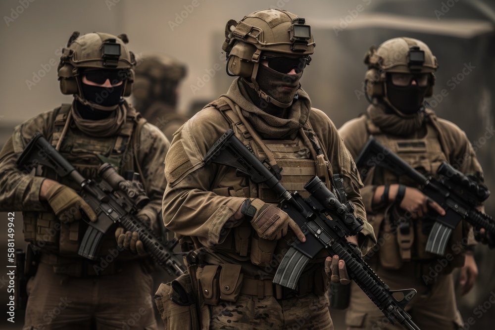 Soldiers in action. These soldiers are heavily armed and equipped, wearing full military gear and carrying weapons such as rifles and grenades Generative AI Soldiers in action. These soldiers are heavily armed and equipped, wearing full military gear and carrying weapons such as rifles and grenades Generative AI