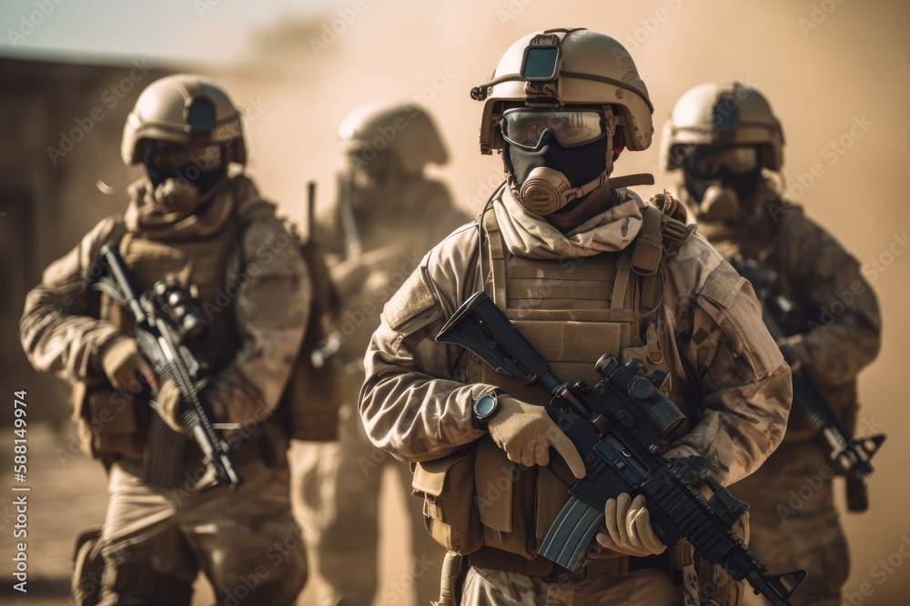 Soldiers in action. These soldiers are heavily armed and equipped, wearing full military gear and carrying weapons such as rifles and grenades Generative AI