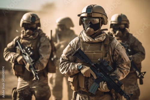 Soldiers in action. These soldiers are heavily armed and equipped, wearing full military gear and carrying weapons such as rifles and grenades Generative AI © ChaoticMind