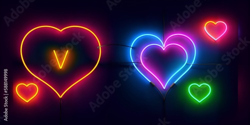 Photo of neon hearts glowing brightly on a dark background