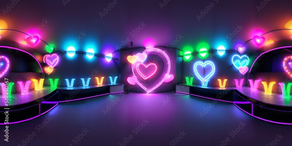 Photo of a colorful neon sign with hearts and letters shining brightly