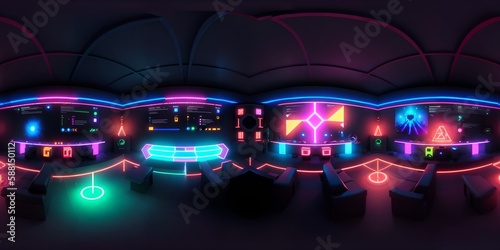 Photo of a colorful and vibrant room illuminated by neon lights and furnished with modern decor