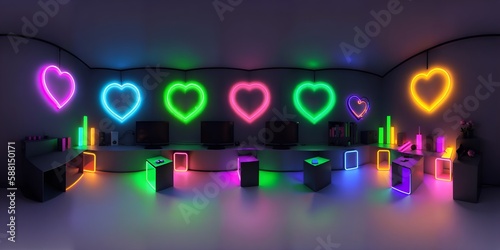 Photo of a vibrant neon-lit room with colorful lights and glowing signs