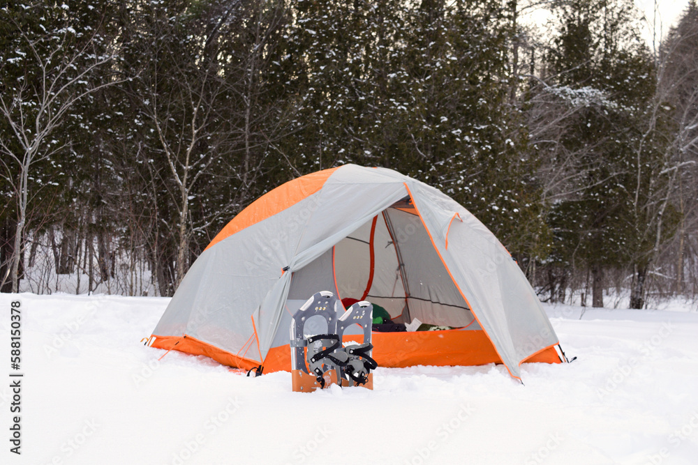 Winter snowshoeing expedition with winter camping