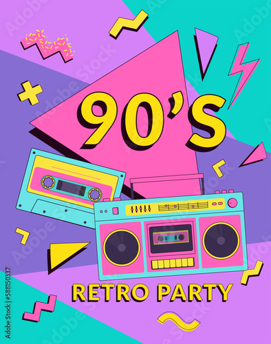 Retro party 90's poster, invitation card or banner with boombox, cassette and geometric elements. Music festival vector illustration. Background in Memphis style.
