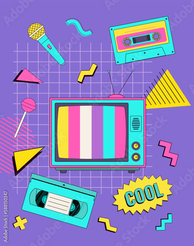 TV, tape, video cassette, microphone 90's elements poster with geometric elements. Vector illustration. Memphis style. Nostalgia for the 90s. Background, cover design, book design, and greeting card