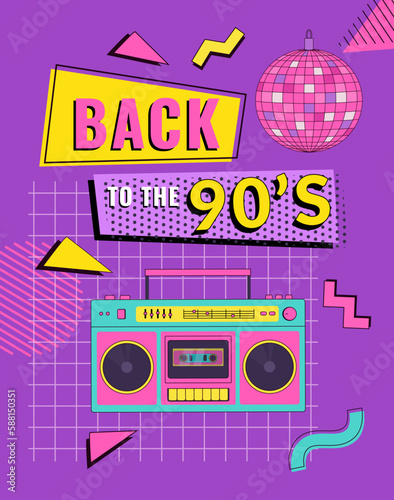 Back to the 90's poster, invitation card or banner with boombox and geometric elements. Retro party vector background illustration. Memphis style.