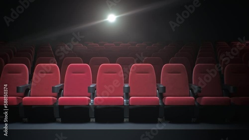 Empty cinema with a projector playing a movie in this atmospheric footage. The camera slowly pans across the vacant seats, emphasizing the eerily silent and deserted ambiance of the once lively space.