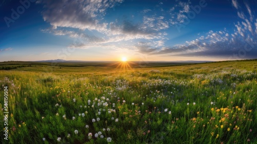 Illustration Beautiful sunset with dramatic sky at golden hour over green fields and farms field, generative ai