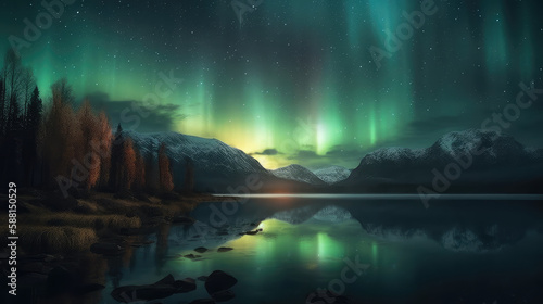 Northern lights over a calm lake