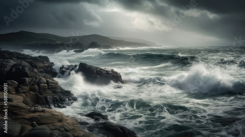 Stormy seas with tumultuous water against a grey sky