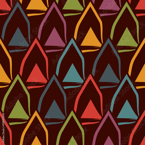 Paint brush seamless pattern. Freehand grunge design background. Scale, triangle motif ornament. Trendy handdrawn geometric print