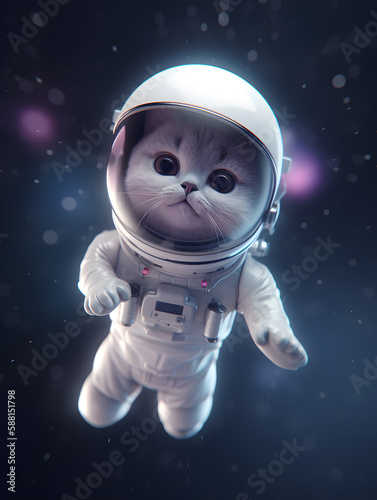 tiny cute cat astronaut flying in space