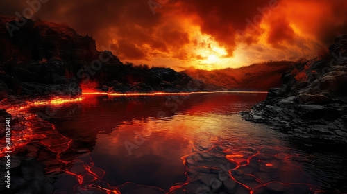 Surreal wallpaper of fiery red and orange glowing lava lake