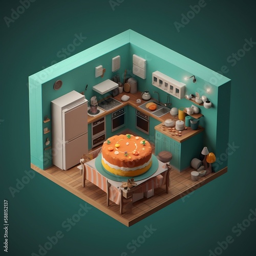 A large cake in an isometric, clay kitchen.