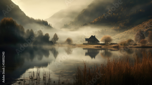 Tranquil lake surrounded by misty mountains © Oliver