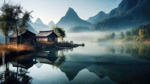 Tranquil lake surrounded by misty mountains